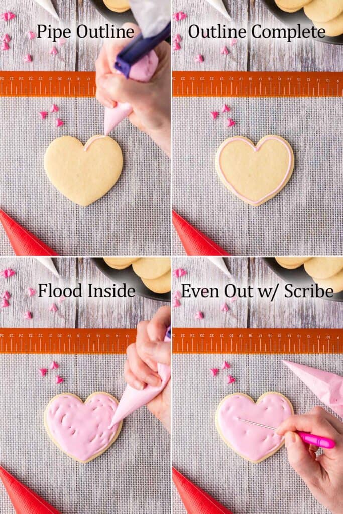 Four overhead pictures of how to make a valentine cookie with a heart wreath. The top left picture is of a heart shape cookie and a thin string of royal icing is being piped around the top right side of the cookie. The picture on the upper right is the same cookie after the whole cookie has been outlined in a light pink royal icing. The bottom left corner is the same cookie with a piping bag filling in the piped outline with pink icing. And the picture on the bottom right is the same cookie but a hand is using a scribe to move the royal icing around to fill in the gaps.