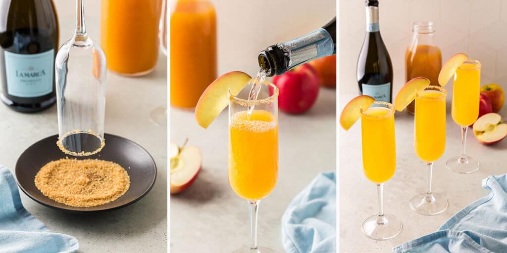 Three side by side photos.  On left the champagne flute is being dipped into cinnamon sugar to make a rim on the flute.  In the middle, the flute is partially filled with apple cider and being topped up with bubbly champagne.  The far right photo is of three champagne flutes filled with apple cider mimosa and garnished with a cinnamon sugar rim and apple slice. 