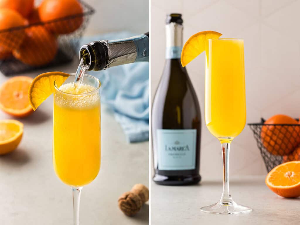 Two side by side photos.  On the left is a champagne flute partially filled with orange juice and being topped up with champagne to make a classic mimosa.  Picture on right is a side shot of the mimosa garnished with an orange wedge with a bottle of champagne in the background.