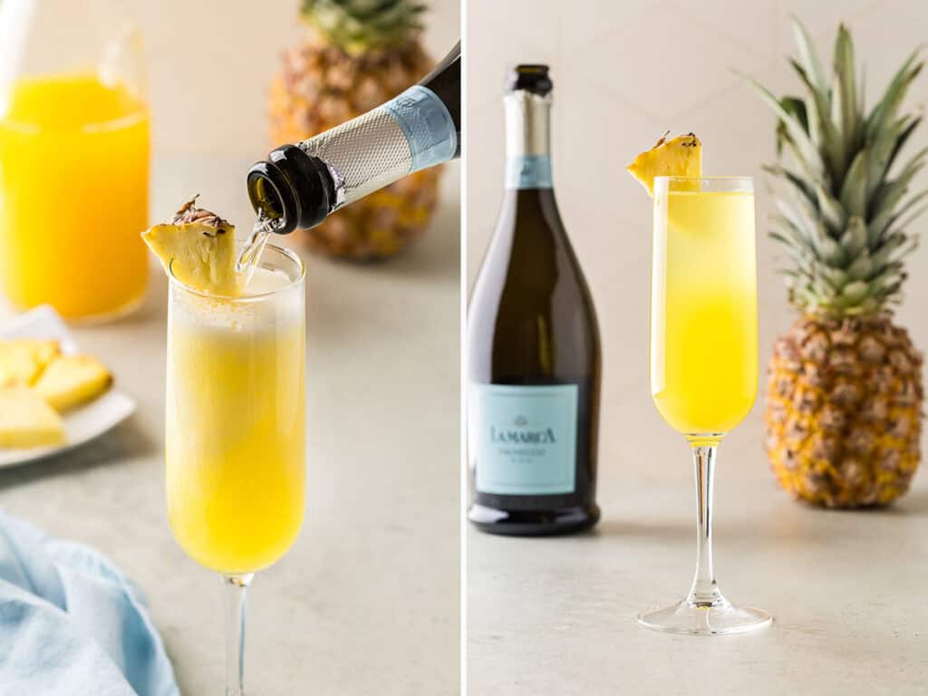 Two side by side photos.  On the left is a champagne flute partially filled with pineapple juice and being topped up with champagne to make a pineapple mimosa.  Picture on right is a side shot of the pineapple mimosa garnished with a pineapple wedge with a bottle of champagne and a pineapple in the background.