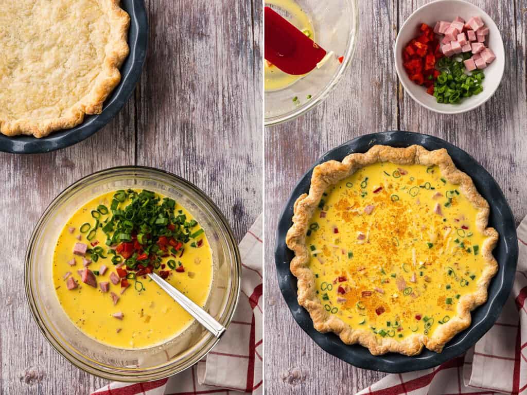 Side by side photos. On the left is an overhead shot of a mixing bowl filled with egg and half and half with ham, red peppers and green onions tossed on top. On the right is this same mixture now added to a par-baked pie shell.