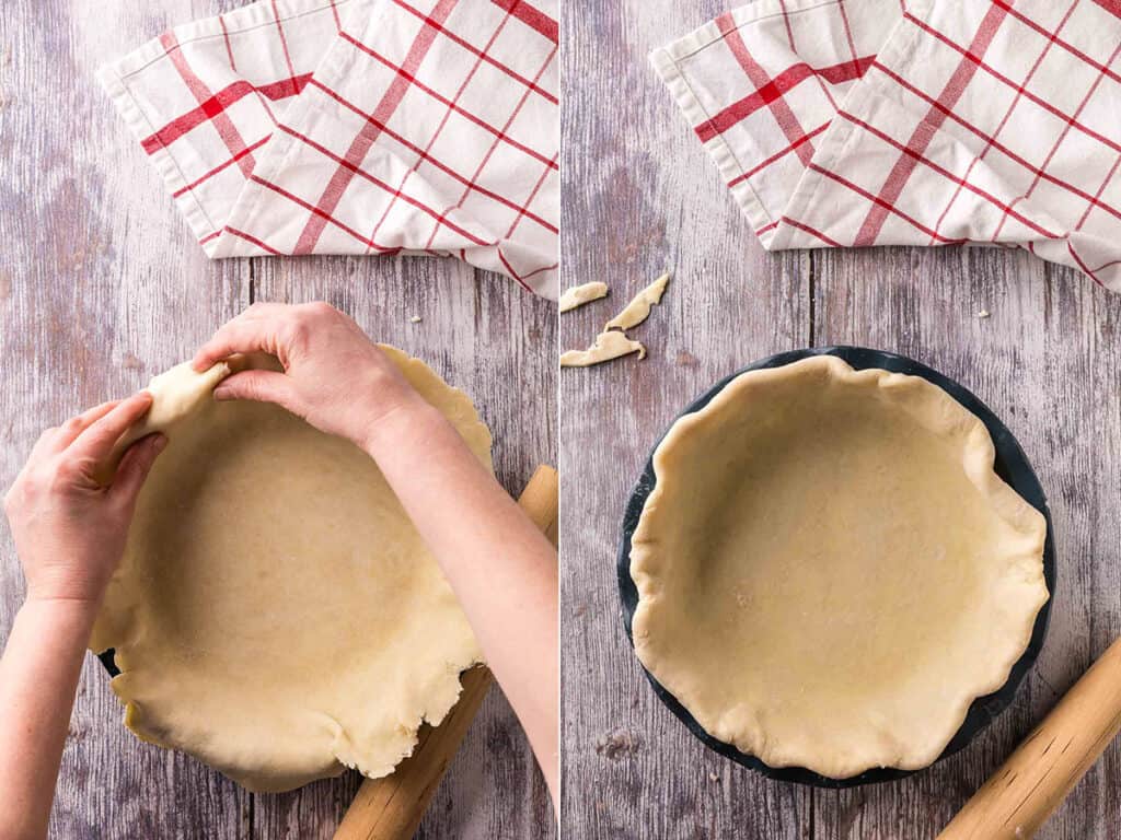 Two pictures side by side showing a pie plate lined with pie dough. On the left the overhang is being tucked under the crust. On the right is the pie dough after all the overhang has been tucked under.