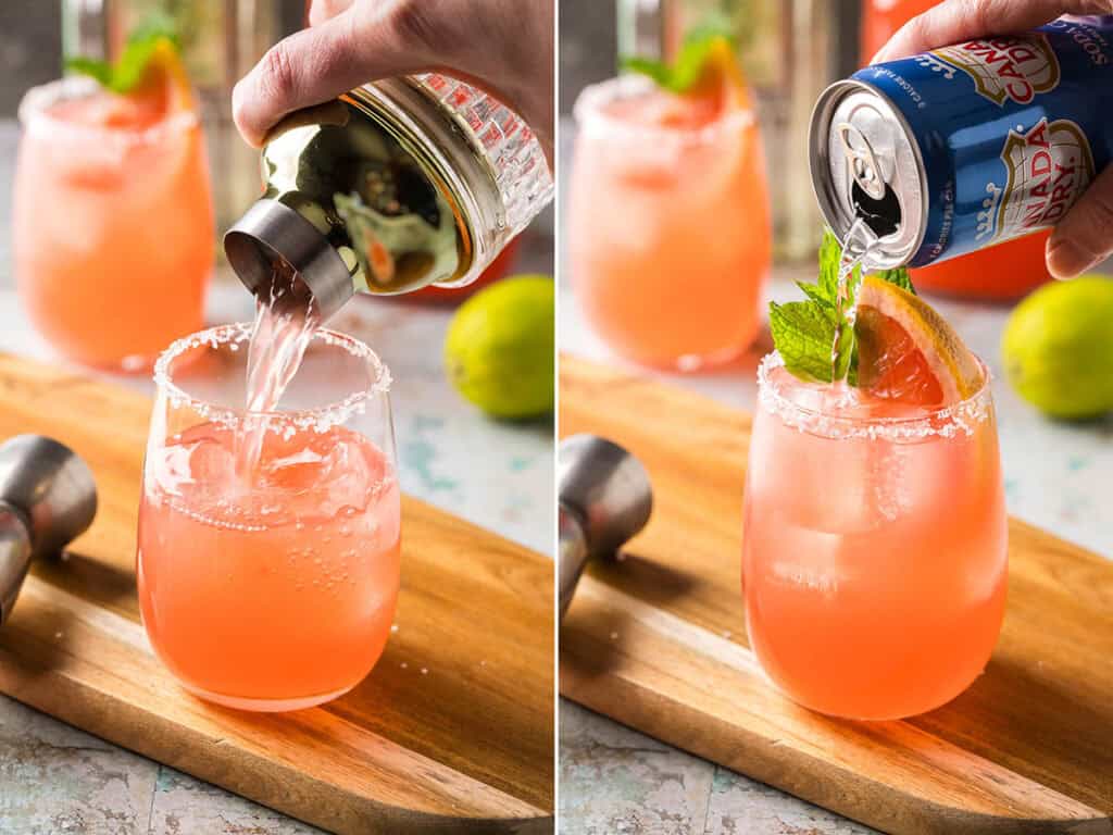 Two side by side photos showing the salted cocktail glass having the paloma cocktail poured in over ice from a shaker.  The second photo shows the cocktail being topped up with club soda.