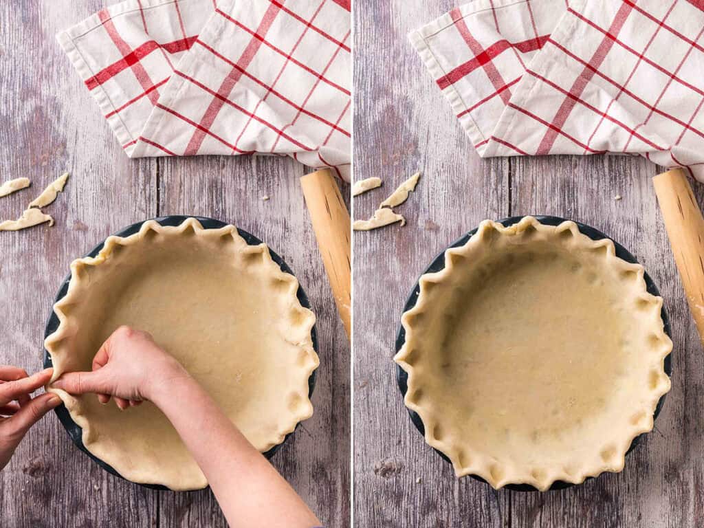 Two side by side pictures. On the left shows how to crimp the pie crust with your thumb from one hand and the thumb and forefinger from the other hand. The picture on the right is the completed crimped and fluted pie dough ready to go in the oven.