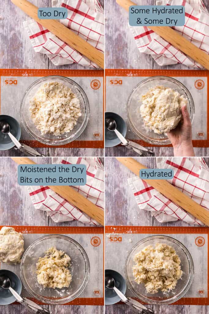Four overhead photos showing what the dough for pie crust looks like as you begin to add the water slowly. The final dough is not sticky or dry, just hydrated.