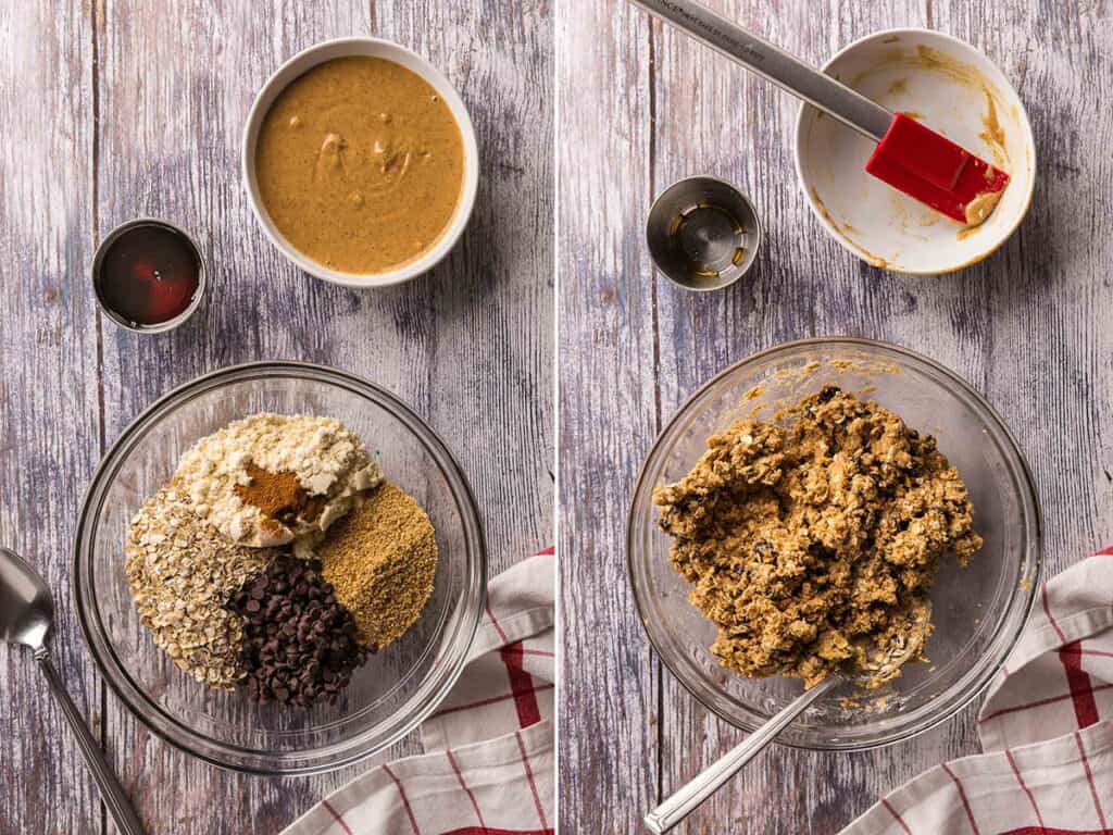 two overhead pictures looking into the same glass mixing bowl side by side.  On the left the mixing bowl is filled with oats, protein powder, chocolate chips, cinnamon, and flaxseed, all added so each is visible.  On the right is the same mixing bowl after the ingredients have been mixed together with maple syrup and peanut butter.  It is a homogenous brown dough that's not too wet or dry.