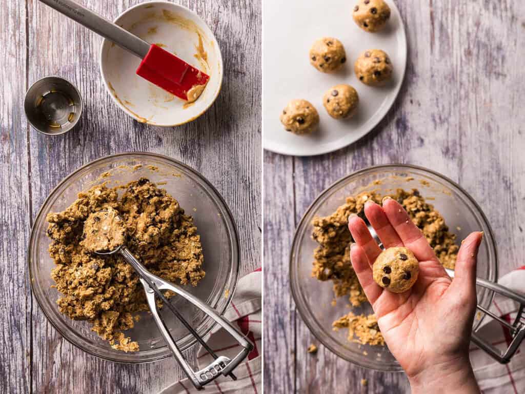 Two pictures side by side, both overhead.  On the left is the glass mixing bowl with the peanut butter protein dough with a cookie scoop in it.  On the right a hand is lifting a round ball of the peanut butter protein dough towards the camera.