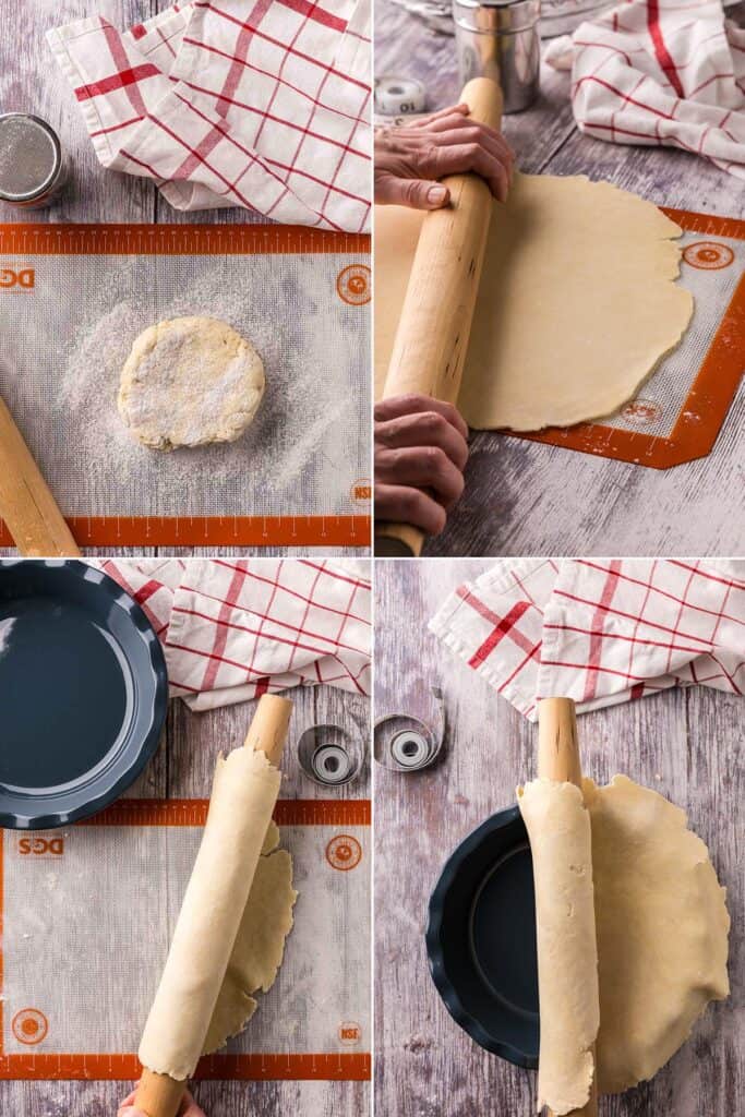 Four overhead photos. Top left is of the dough disc on a floured surface. Picture top right is a side shot showing the dough being rolled out. Bottom left is rolling the dough onto the rolling pin. Bottom right shows how to transfer dough to pie plate.
