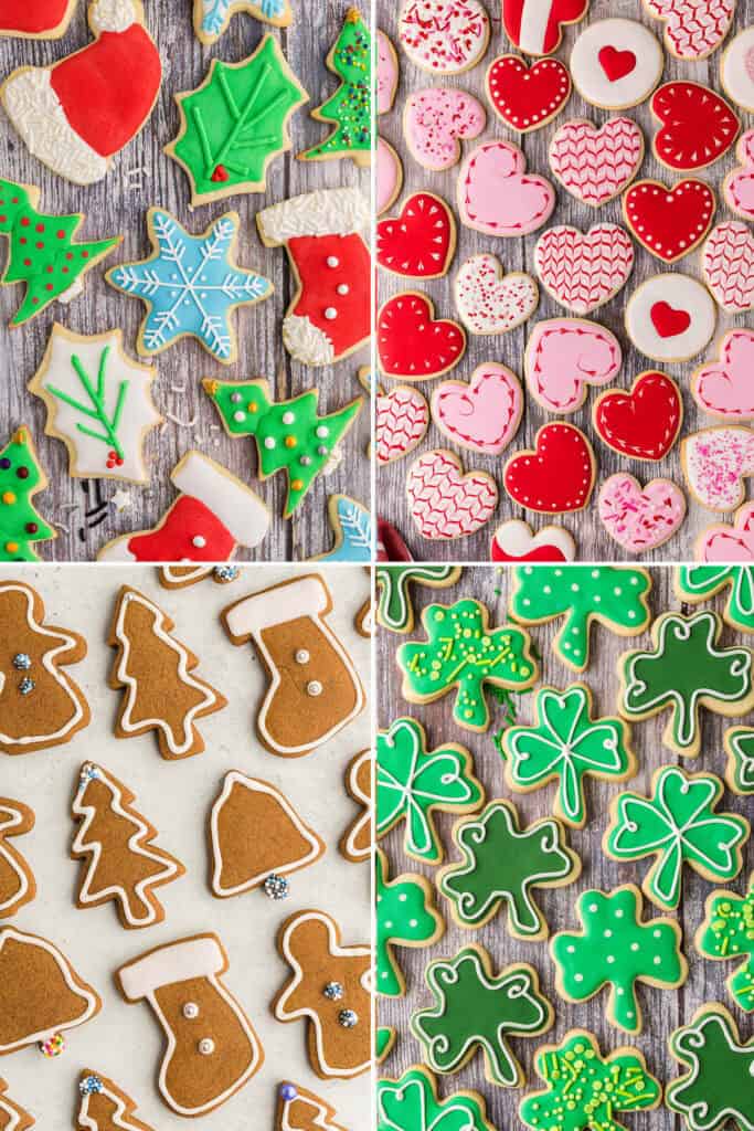 Four pictures showing different shaped cookies decorated with royal icing for different holidays.  Top right has X-mas cookies like Santa's hat, x-mas trees etc.  Top right picture is Valentine's day cookies all red and pink heart shapes.  Bottom left is gingerbread cookies which are decorated with a basic white outline of royal icing.  And bottom right corner is green shamrock shaped cookies for St. Patrick's day.