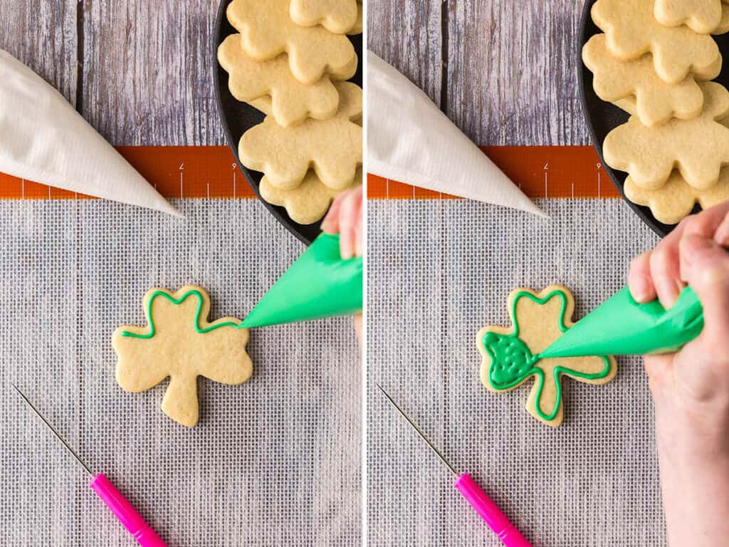 Two side by side photos, showing a shamrock shaped cookie being piped around the edge and then flooded in the middle with green icing.