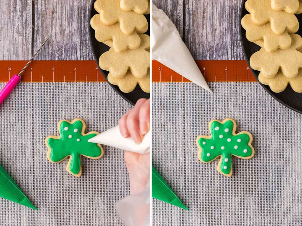 Two side by side overhead photos of a St. Patrick's Day sugar cookie with green icing receiving white polka dots from a piping bag.  On the right the same cookie now has all the white polka dots.