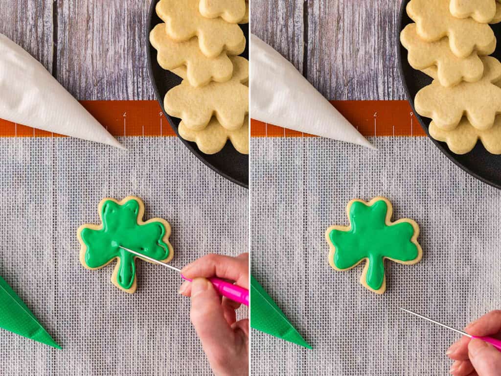 Two side by side photos showing a scribe smoothing out a flooded Saint Patty's Day Cookie, and then the final product.