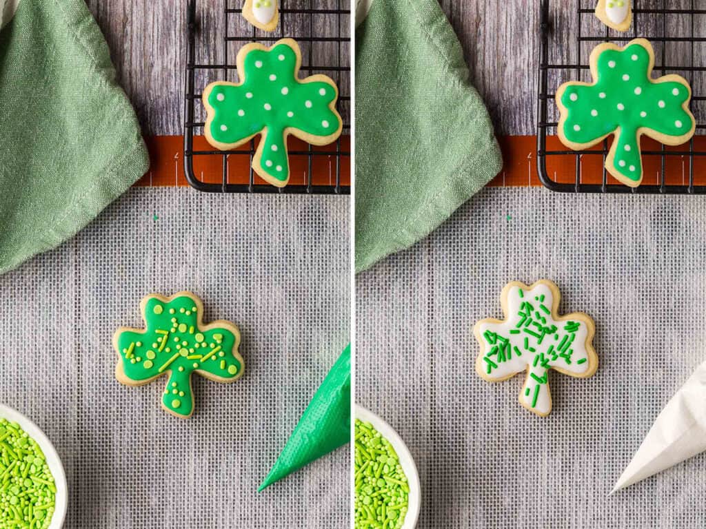Two overhead side by side photos.  On the left is a shamrock shaped sugar cookie with green icing and yellow-green sprinkles.  On the right is a shamrock-shaped sugar cookie with white icing and dark green sprinkles.  Easy St. Patrick's Day Cookies.
