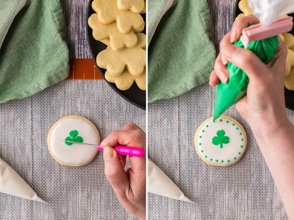 Overhead shot of two side by side photos of making St. Patrick's Day Cookies.  On the left a white iced cookie has a shamrock shape being formed in the middle with a scribe and green icing.  On the right, the cookie is now having green dots added around the edge of the cookie for decoration.