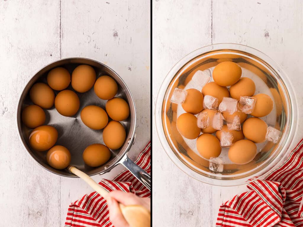 two overhead pictures side by side.  On the left is a saucepan of boiling water with 12 eggs in it.  On the right is a glass bowl filled with water and ice and the cooked eggs.