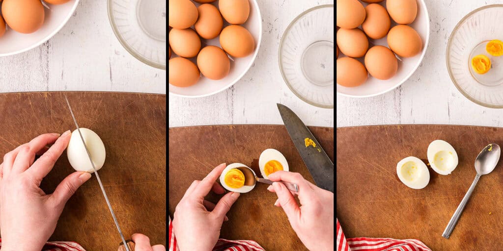Three overhead side by side photos.  On the left a hard boiled egg is just about to be sliced lengthwise on a wooden cutting board.   The middle picture is the same egg now having it's yolk scooped out with a spoon.  The picture on the right is the empty egg whites resting on the cutting board and the yolk now in a glass bowl.  