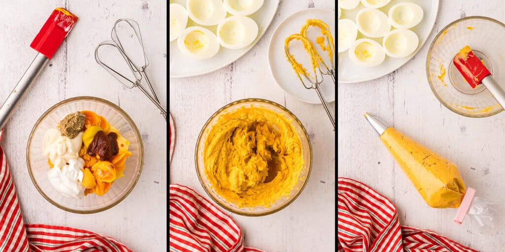 Three overhead pictures side by side.  On the left is a small glass bowl filled with cooked egg yolks, mayo, Greek yogurt, mustards, lemon juice, salt, and sugar.  The middle picture is the same bowl after all the ingredients have been blended with a hand mixer.  The mixture is a deep yellow color and looks creamy and smooth.  The picture on the right is of a pipping bag that has been filled with the deviled egg filling.