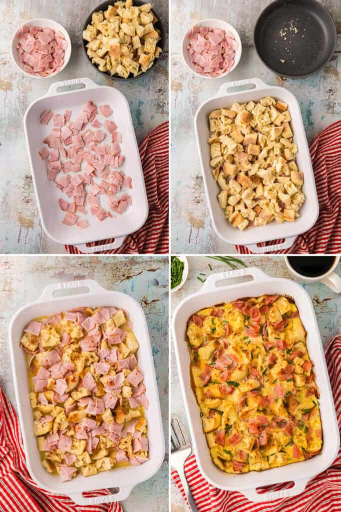 Four overhead pictures.  Top left corner is the casserole dish greased with butter and back bacon added.  Top right is the same casserole dish with cubed English muffins added on top.  Bottom left picture is after the rest of the back bacon is added on top of the English muffins and the egg milk mixture has been poured in.  The bottom right picture is the eggs benedict casserole after it has finished baking.