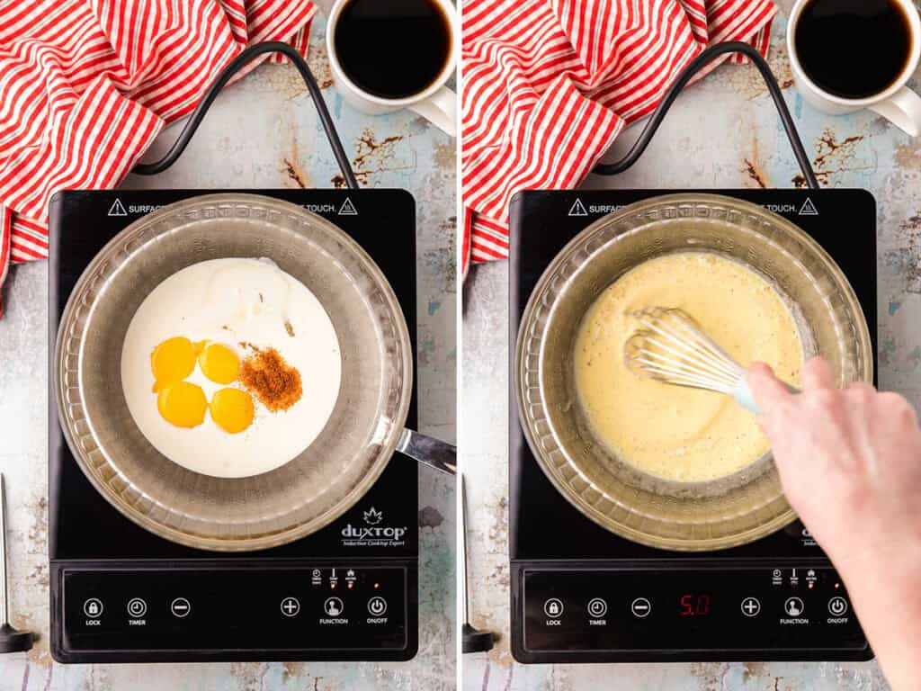 Two overhead pictures side by side.  Left picture shows the heavy cream, egg yolks, lemon juice, and cayenne in the top of a double boiler.  The top right shows the mixture being whisked while it is gently heated.