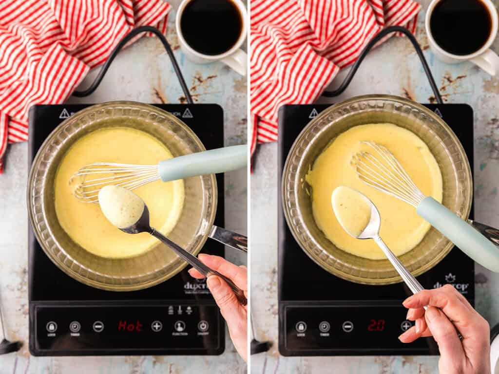 Two overhead pictures side by side.  The left picture shows how the hollandaise sauce coats the back of a spoon once heated to 160F. The picture on the right shows the creamy velvety texture after the melted butter has been whisked in to the hollandaise sauce.
