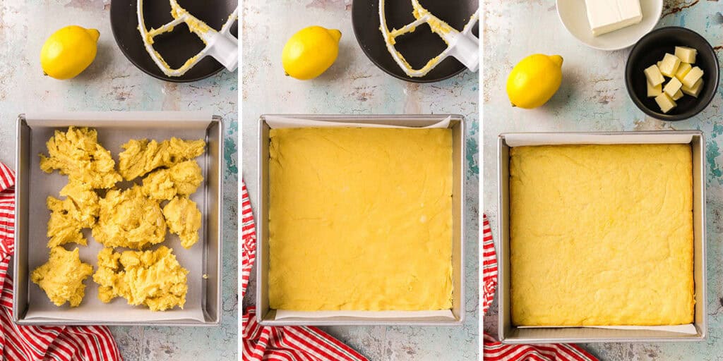 Three overhead pictures side by side all looking into the same 9x9 baking pan. On the left the pan is lined with parchment and scoops of the lemon cookie dough have been added all around the pan. The picture in the middle is after the cookie dough has been pressed into the corners and distributed evenly throughout the pan and flattened. The picture on the right is after the cookie dough has been baked in the oven.