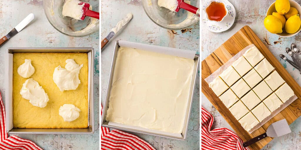 Three overhead pictures side by side all looking into the same 9x9 baking pan. On the left the pan is filled with the baked lemon cookie dough and dollops of the lemon cream cheese frosting have been added all around the pan. The picture in the middle is after an offset spatula has moved the frosting around to cover all the cookie down below. The picture on the right is of the frosted lemon cookie square that has been lifted out of the pan onto a wooden cutting board and cut into 16 even bars.
