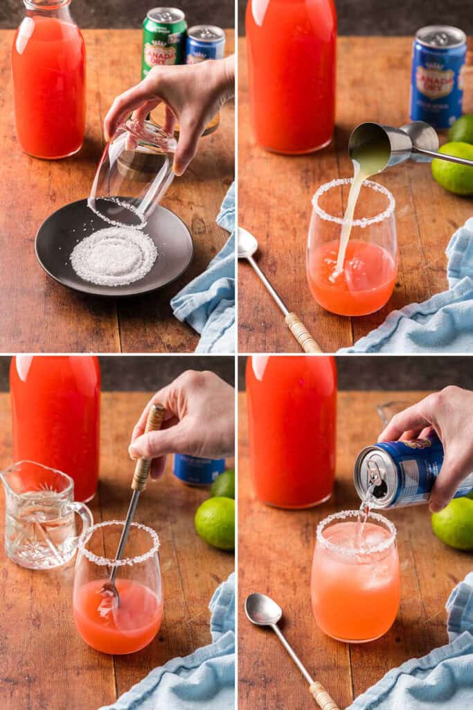 Four pictures showing the process of making a Paloma mocktail.  Top left is a glass being dipped in coarse salt to salt the rim.  Top right is lime juice being added to grapefruit juice in the glass.  Bottom left is a picture of the juices being stirred together.  Bottom right is the drink being topped up with fizzy club soda.