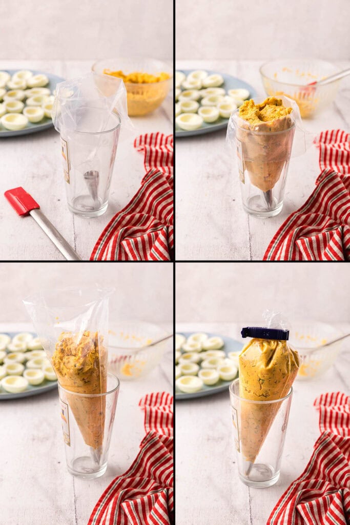 Four side shots showing how to fill the piping bag with the smoked salmon filling. Top left is an empty piping bag in a tall glass. Top right is the same piping bag now filled with devilled egg filling. Bottom left and right shows the full bag ready to be piped.