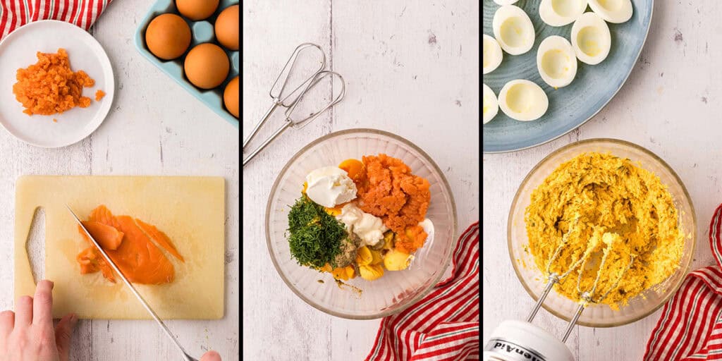 Three overhead pictures side by side. On the left some smoked salmon is being cut on a cutting board. The middle picture is a medium sized glass mixing bowl with all the egg yolks, smoked salmon, fresh dill, lemon juice, dijon mustard, mayonnaise, cream cheese, and salt and pepper. The picture on the right is of all the ingredients being blended together into a deep yellow creamy filling.
