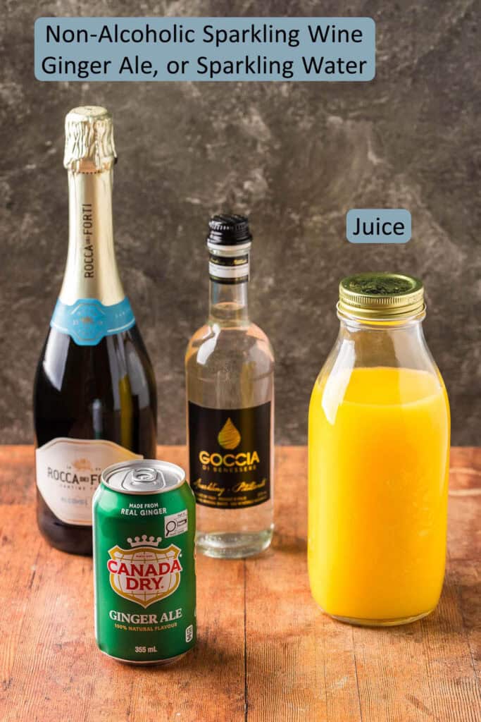 Ingredients needed to make a non-alcoholic mimosa.  Orange juice, and a sparkling drink like dealcoholized sparkling wine, sparkling water, or ginger ale.