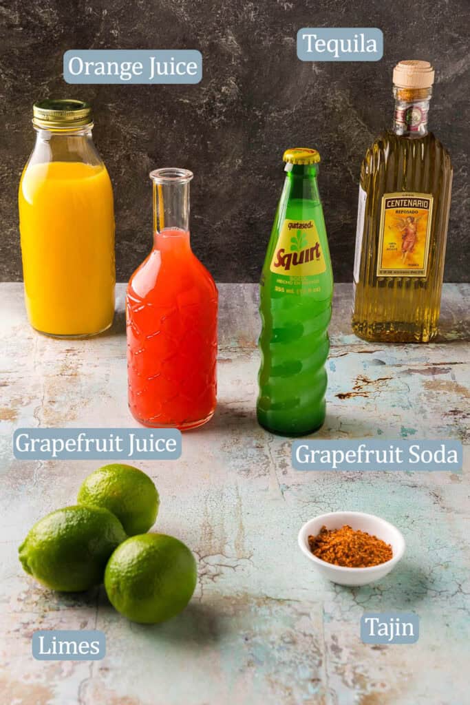 Side shot of all the ingredients used to make the cantaritos cocktails. They are: orange juice, grapefruit juice, lime juice, grapefruit soda pop, tequila, and Tajin.