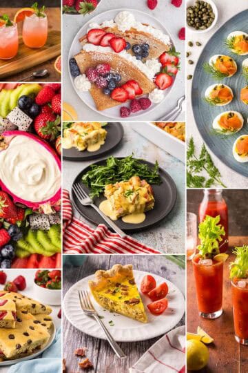 A collage of recipe images that can be used for hosting brunch at home. Recipe pictures include: paloma cocktails, Bloody Marys, Fruit platter, sheet pan pancakes, crepes, eggs benedict casserole, quiche, and smoked salmon deviled eggs.
