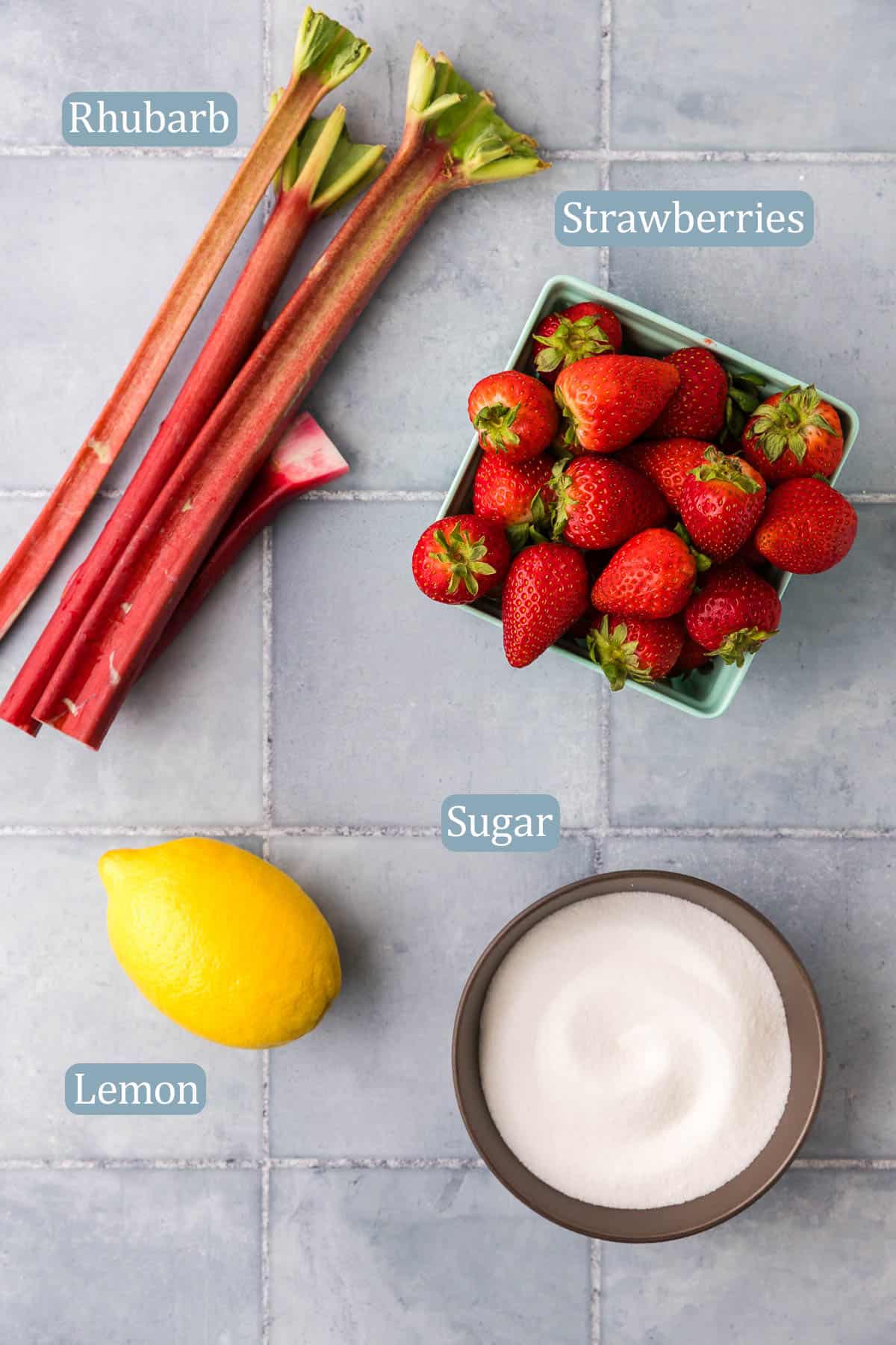 Overhead shot of the ingredients used in making strawberry rhubarb jam. Ingredients include strawberries, rhubarb, lemon juice, and white sugar.