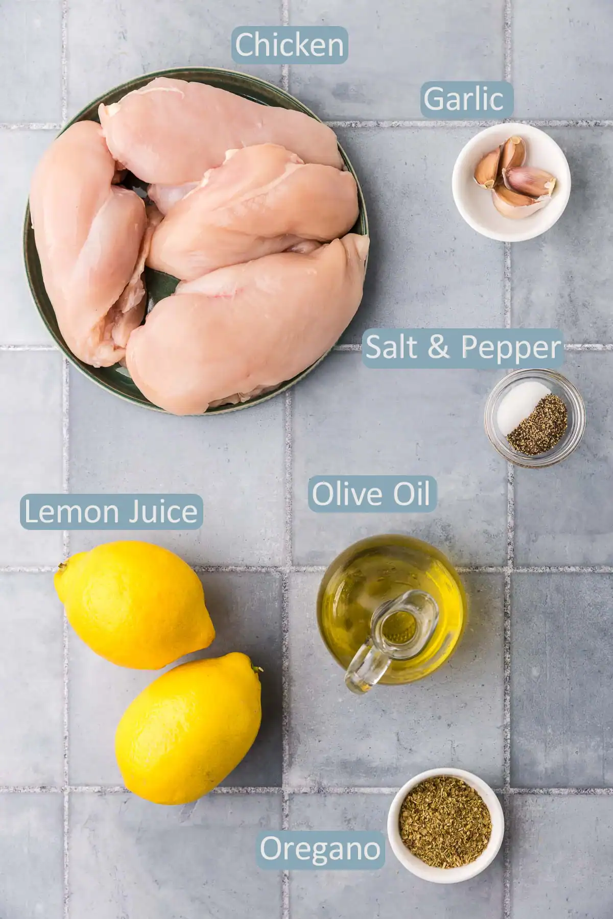 Overhead shot of all the ingredients needed to make chicken souvlaki. Ingredients include: chicken breast, garlic, salt and pepper, fresh lemon juice, olive oil, and dried oregano.