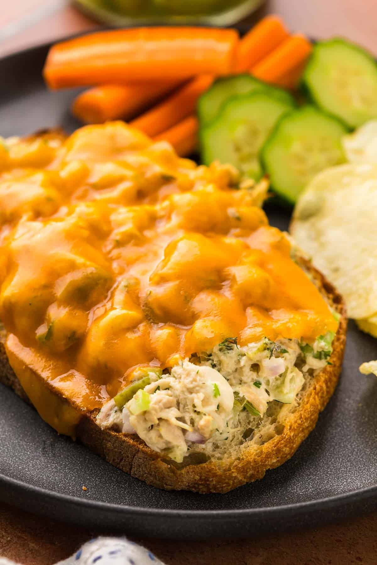 close up angle shot of an open faced tuna melt. The slice of cheese is melty but the chunky tuna salad underneath is evident.