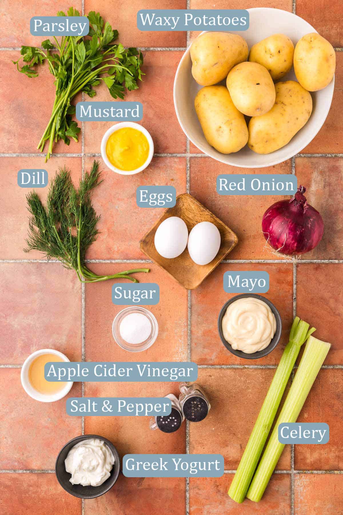 Overhead shot of all the ingredients used in making this potato salad. Ingredients are: Potatoes, fresh parsley and dill, yellow mustard, boiled eggs, red onion, sugar, mayonnaise, Greek yogurt, celery, pickle brine, dill pickles, and salt and pepper.