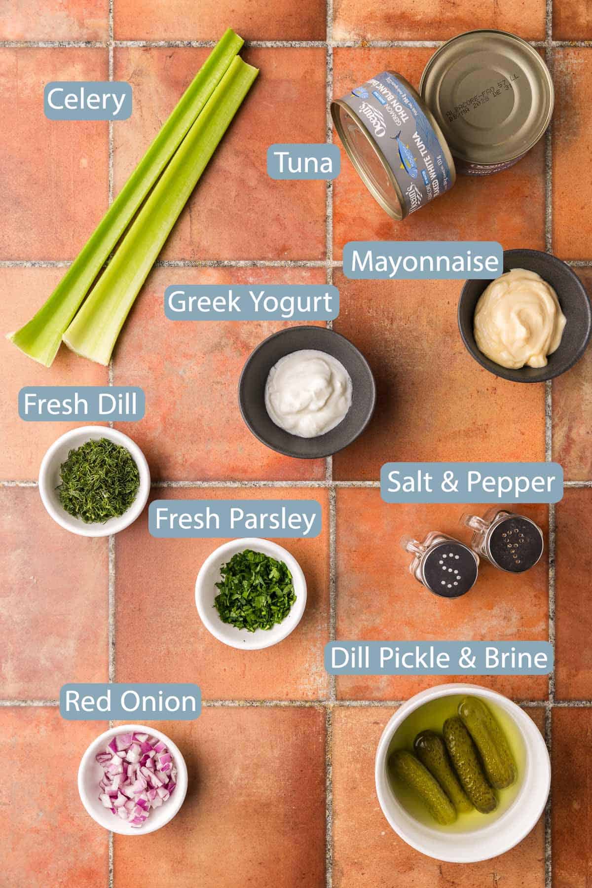 Ingredients used to make a delicious tuna fish salad. Ingredients are: canned tuna, mayonnaise, Greek yogurt, celery, fresh dill and parsley, salt and pepper, red onion, dill pickles and brine.