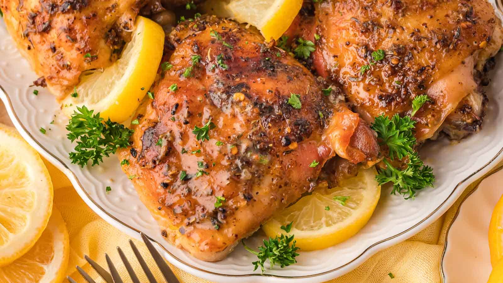 Close up shot of beautifully browned and glossy lemon garlic chicken thighs.