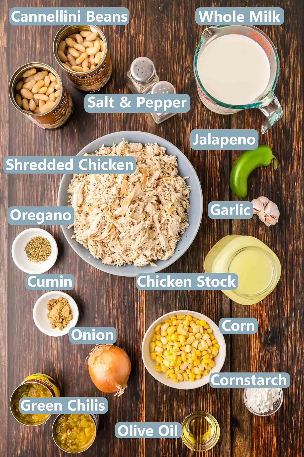 Overhead shot of all the ingredients used in making white chili chicken. Ingredients are: cannellini beans, whole milk, salt and pepper, shredded chicken, jalapeno, garlic, dried oregano, cumin, chicken stock, corn, onion, canned chilis, olive oil, and cornstarch.